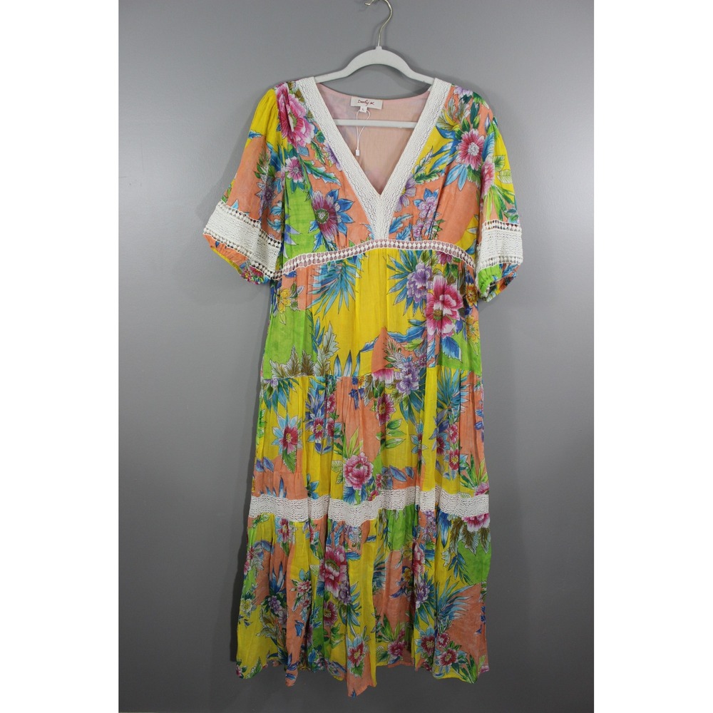 Derhy Floral Maxi Dress Women Large Yellow Multi Great Boho Crochet Lace Cotton